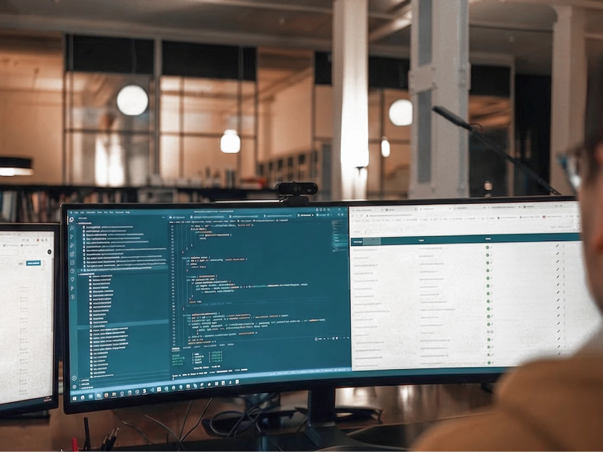 Coding workspace with widescreen monitor