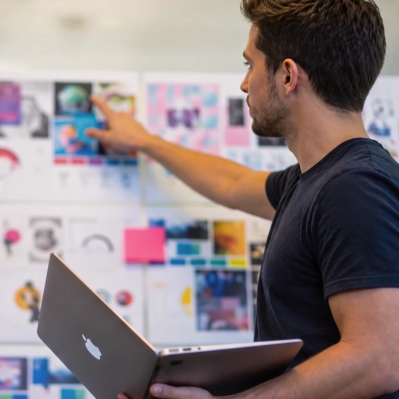 Designer pointing at color reference wall