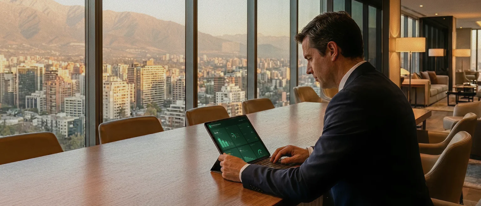 Executive reviewing a deal performance dashboard on a tablet in a boardroom