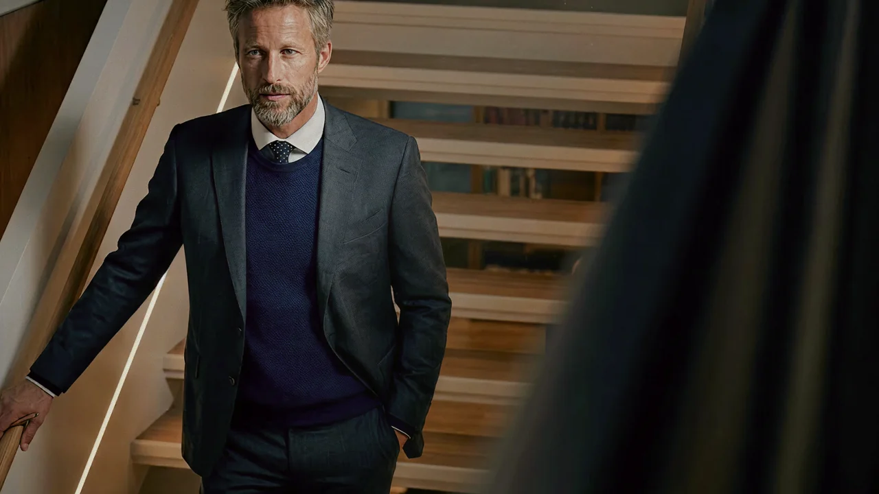 Executive in a suit standing on a staircase