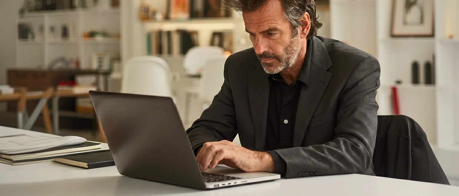 Man in a blazer working on a laptop at a desk
