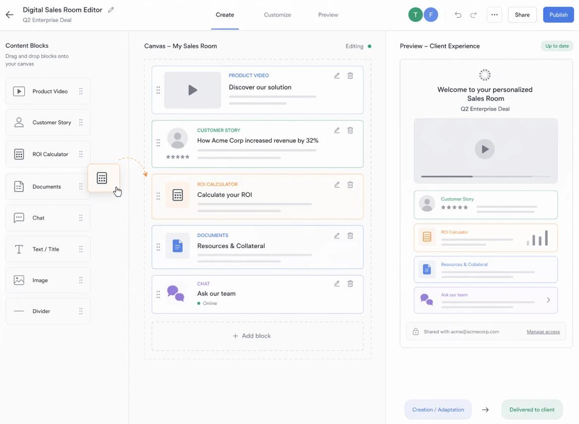Digital sales room editor with content blocks and live preview