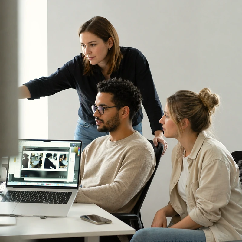 Team of three reviewing portraits on a laptop