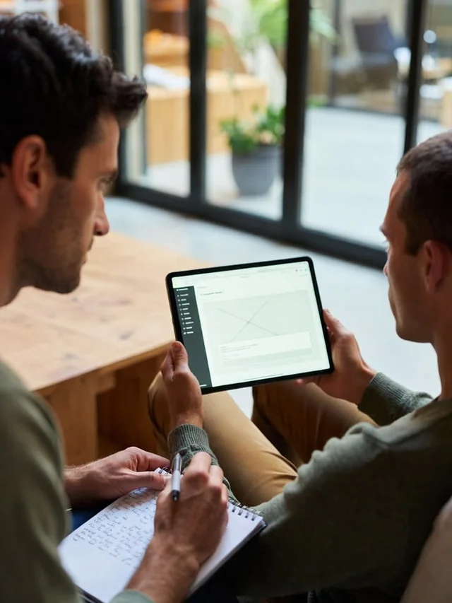 Sales rep showing an interactive product demonstration on a tablet