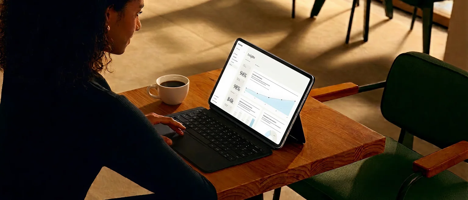 Woman working on a tablet with keyboard at a café table