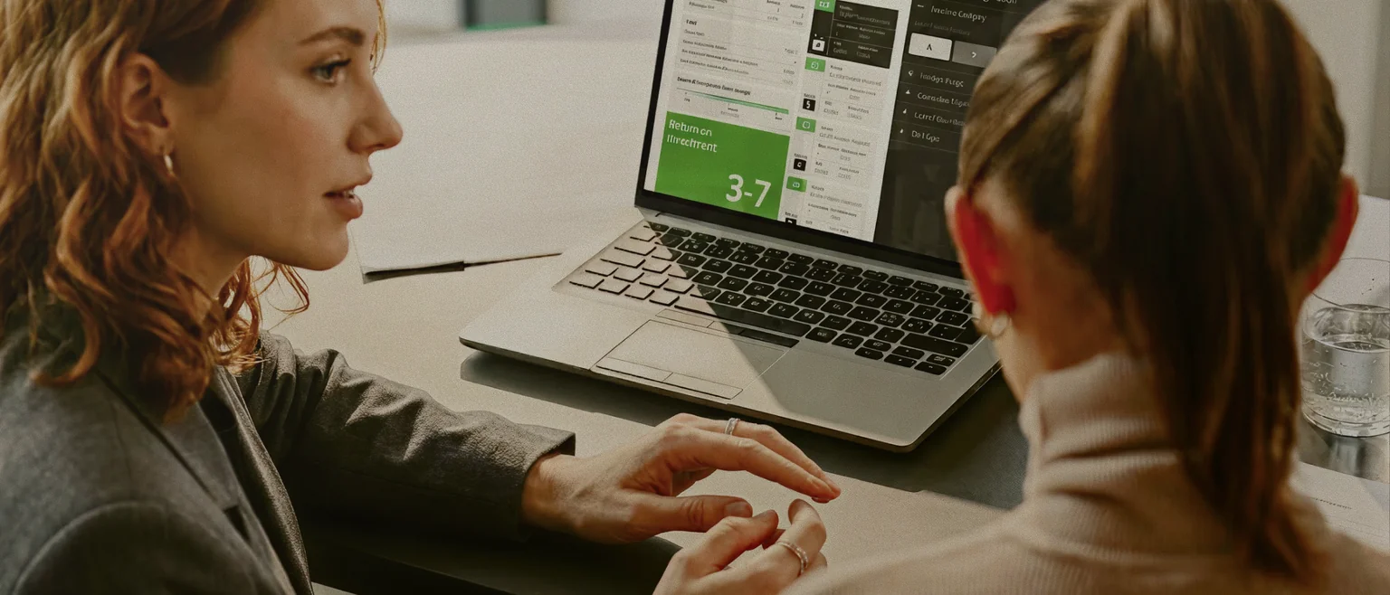 Two women reviewing a sales performance dashboard on a laptop